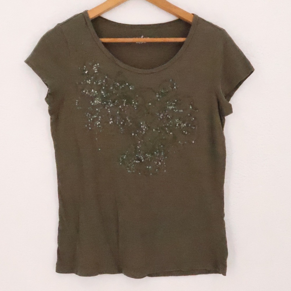 Caslon Easy-Fit Sequin Tshirt Womens Size S Olive Green Embellished Cotton 2010s